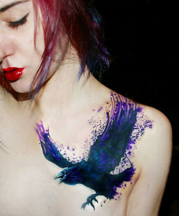 Watercolor Raven Tattoo, By Sasha Marsh